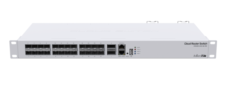 Mikrotik Cloud Router Switch 326-24S+2Q+RM with 2x 40G QSFP+ cages, 24x SFP+ cages, 1x LAN for management, RouterOS L5 or SwitchOS (dual boot), 1U rackmount case, Dual PSU. Sale price while supplies last