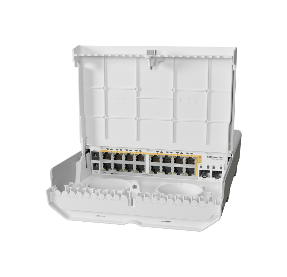 Mikrotik Cloud Router Switch 318-16P-2S+OUT with 800MHz CPU, 256MB RAM, 16x GLAN w/PoE-Out, 2x SFP+ cages, RouterOS L5 or SwitchOS (dual boot), outdoor enclosure, mounting kit. Power supply Not included. Sale price while supplies last