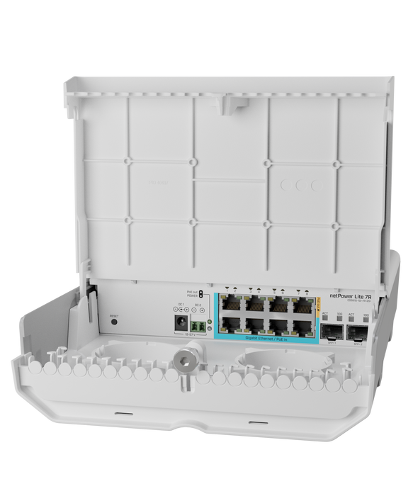 Mikrotik netPower Lite 7R An outdoor reverse PoE switch with Gigabit Ethernet and 10G SFP+ ports.