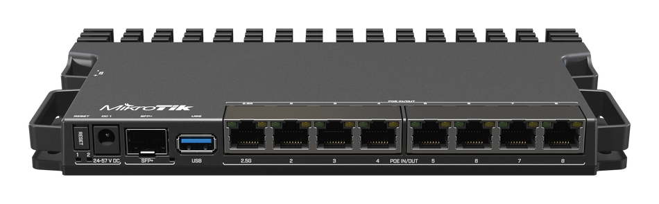 Mikrotik RouterBOARD 5009UPr+S+IN with Marvell Armada ARMv8 CPU, 1GB DDR4 RAM, 1GB NAND storage, 1x 2.5GLAN, 7x 1GLAN (802.3af/at PoE-Out & PoE-In), 1x SFP+ port, RouterOS L5, metal desktop case, PSU