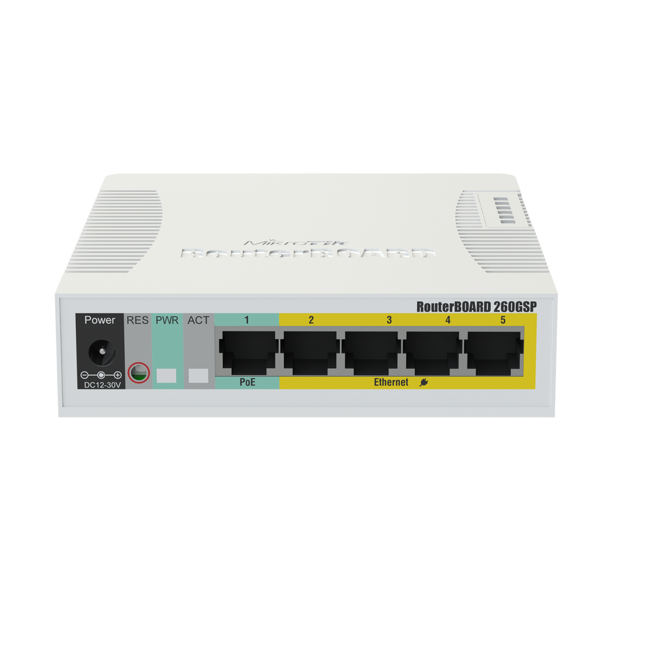 Mikrotik RouterBOARD RB260GSP 5-port Gigabit Smart Switch with SFP cage, SwOS, plastic case, PSU, PoE-Out.