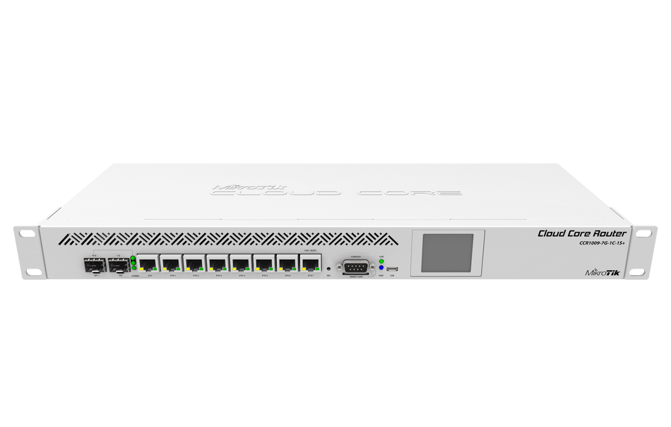 Mikrotik Cloud Core Router 1009-7G-1C-1S+ with Tilera Tile-Gx9 CPU (9-cores, 1.2GHz per core), 2GB RAM, 7x Gbit LAN, 1x Combo port (Gbit LAN or SFP), 1x SFP+ cage, RouterOS L6, 1U rackmount case, Dual PSU, LCD panel.