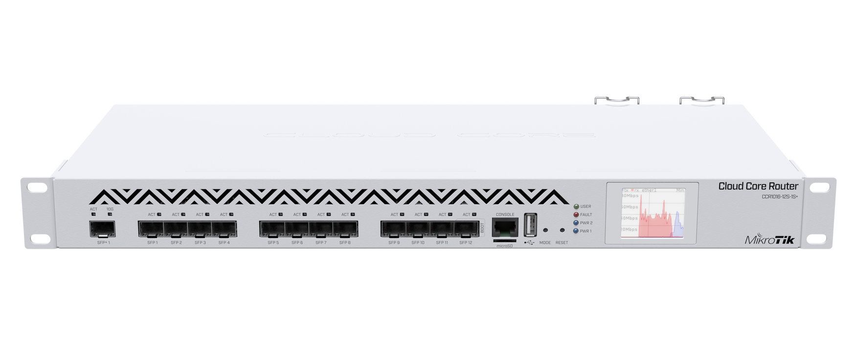 Mikrotik Cloud Core Router 1016-12S-1S+ with Tilera Tile-Gx16 CPU (16-cores, 1.2GHz per core), 2GB RAM, 12x SFP cages, 1x SFP+ cage, RouterOS L6, 1U rackmount case, Dual PSU, LCD panel.