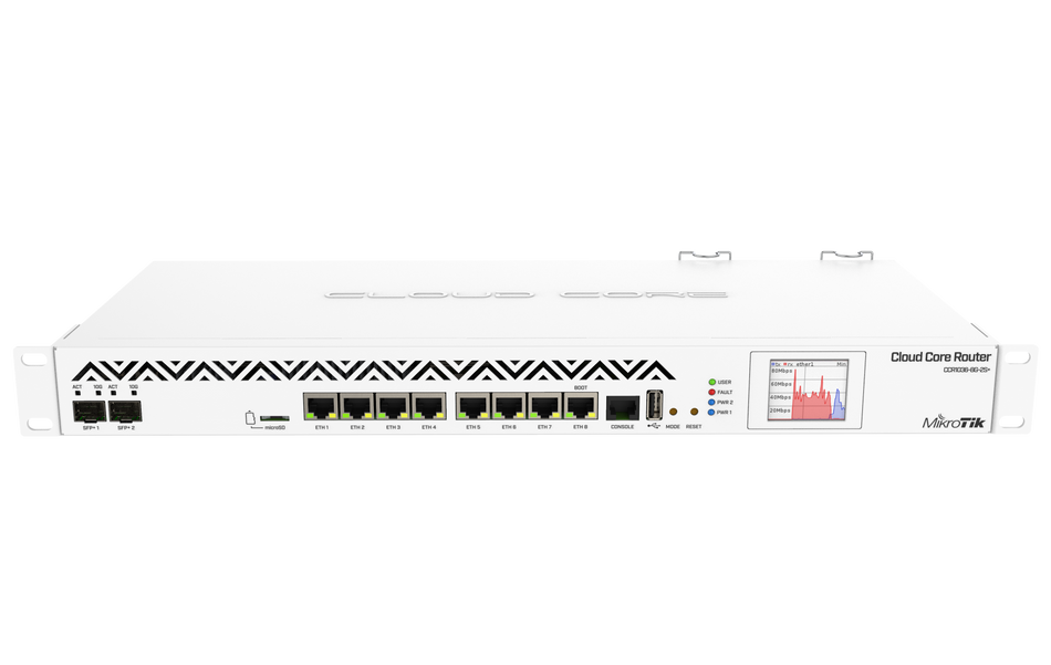 Mikrotik Cloud Core Router 1036-8G-2S+EM with Tilera Tile-Gx36 CPU (36-cores, 1.2GHz per core), 8GB RAM, 2x SFP+ cage, 8x Gigabit LAN, RouterOS L6, 1U rackmount, Dual PSU, LCD panel.