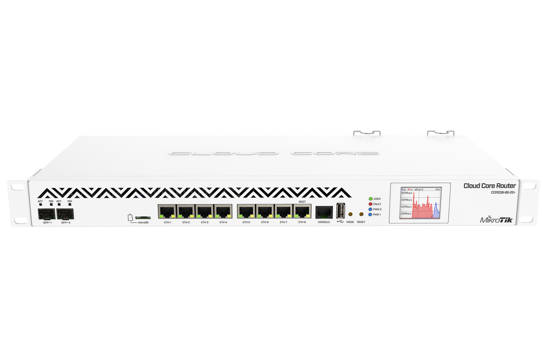 Mikrotik Cloud Core Router 1036-8G-2S+EM with Tilera Tile-Gx36 CPU (36-cores, 1.2GHz per core), 8GB RAM, 2x SFP+ cage, 8x Gigabit LAN, RouterOS L6, 1U rackmount, Dual PSU, LCD panel.