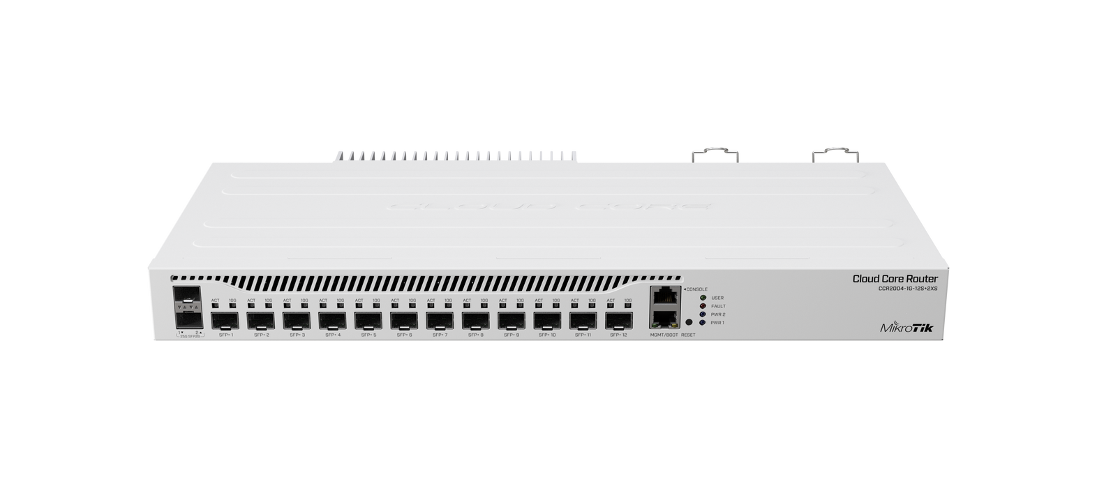 Mikrotik Cloud Core Router 2004-1G-12S+2XS with Annapurna Alpine AL32400 CPU (4-cores, 1.7GHz per core), 4GB RAM, 1x GLAN, 12x 10G SFP+ cages, 2x 25G SFP28 cages, RouterOS L6, 1U rackmount case, Dual PSU.