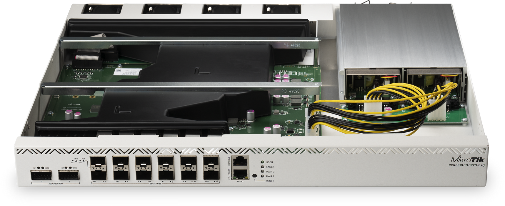 Mikrotik Cloud Core Router 2216-1G-12XS-2XQ with Amazon Annapurna Labs Alpine v3 AL73400 CPU and Marvell Prestera Aldrin2 Switch-chip, 16GB RAM, 2x 100G QSFP, 14x 25G SFP28, 1x GLAN, RouterOS L6, 1U, Dual PSUs