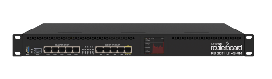 Mikrotik RouterBOARD 3011UiAS with Dual Core 1.4GHz ARM CPU, 1GB RAM, 10x Gbit LAN, 1x SFP port, RouterOS L5, 1U rackmount case, LCD panel.