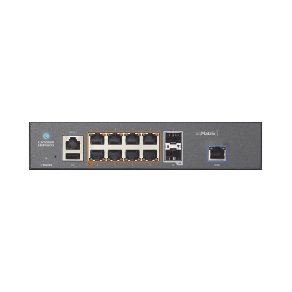 Cambium cnMatrix EX1010-P Intelligent Ethernet PoE+ Switch, 8x 1Gbit and 2x 1Gbps SFP fiber ports, No Power Cord. Enterprise-grade L2