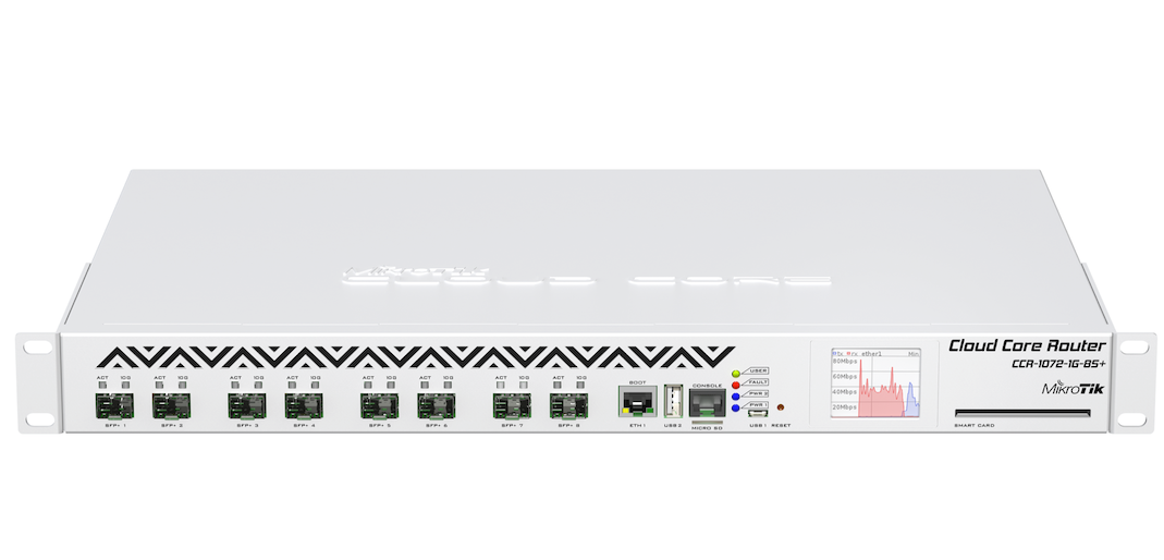 Mikrotik Cloud Core Router 1072-1G-8S+ with Tilera Tile-Gx72 CPU (72-cores, 1.2GHz per core), 16GB RAM, 8x SFP+ cage, 1x Gigabit LAN, RouterOS L6, 1U rackmount case, 2x Redundant PSUs, LCD panel.