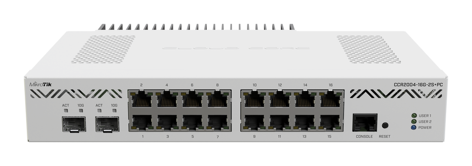 Mikrotik Cloud Core Router 2004-16G-2S+ with Annapurna Labs Alpine v2 CPU (4xARMv8-A Cortex-A57), 4GB RAM, 128MB NAND storage, 16x GLAN, 2x SFP+ ports, Passive Cooling desktop enclosure, PSU, RouterOS L6