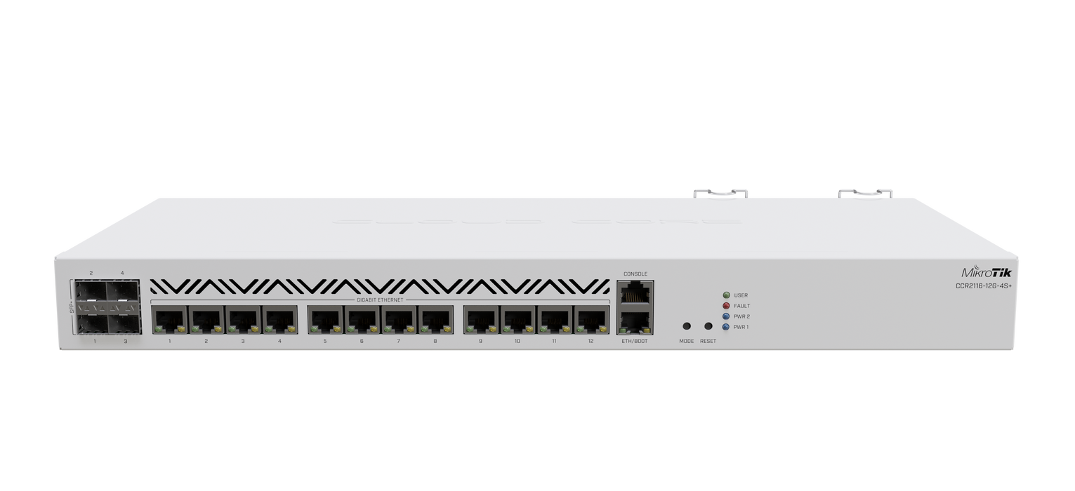 Mikrotik Cloud Core Router 2116-12G-4S+ with Amazon Annapurna Labs Alpine v3 AL73400 CPU (16-cores), 16GB RAM, 13x GLAN, 4x SFP+ cage, M.2 PCIe slot, Dual PSU, RouterOS L6. Sale price while supplies last
