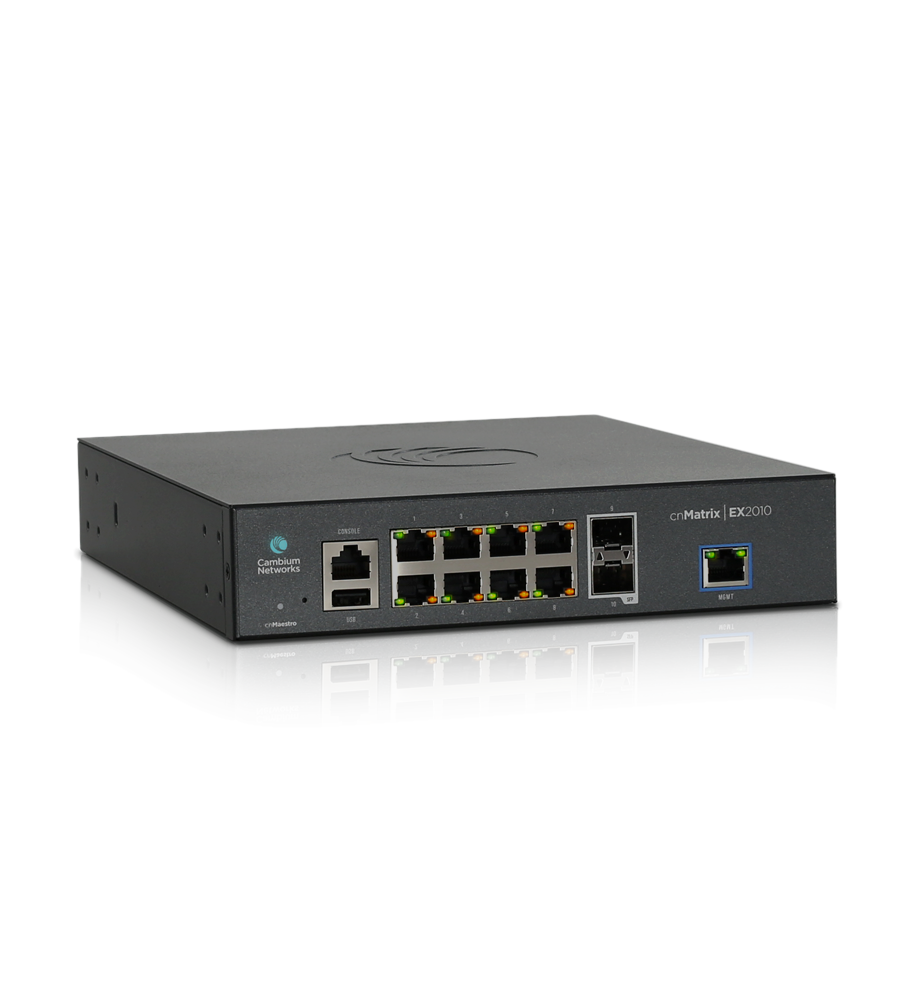 Cambium cnMatrix EX2010 Intelligent Cloud Managed Ethernet Switch, 8x 1Gbit Access Ports and 2x SFP Fiber Uplink Ports, US Power Cord